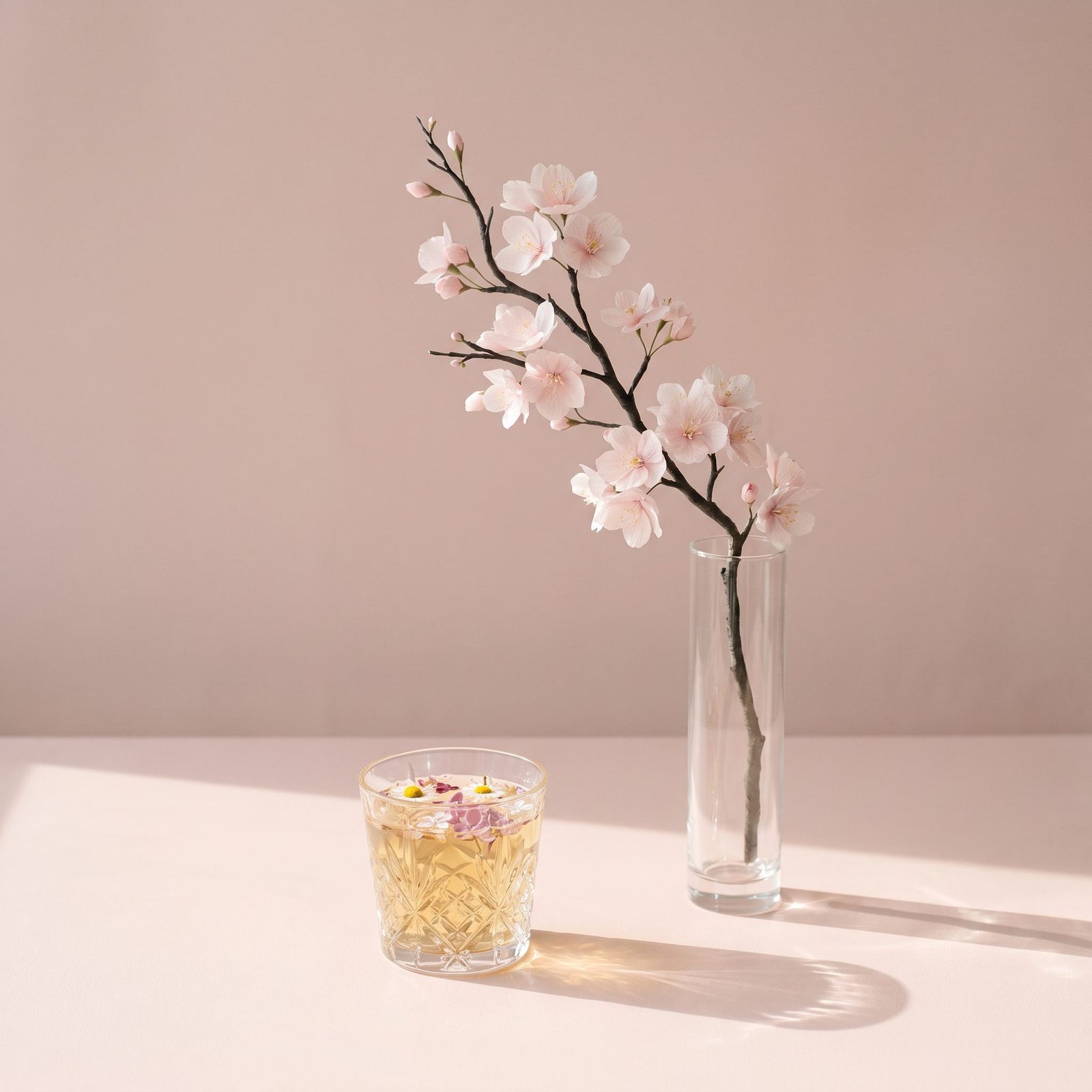 A cherry blossom branch in a glass vase beside a small cup of flowering tea