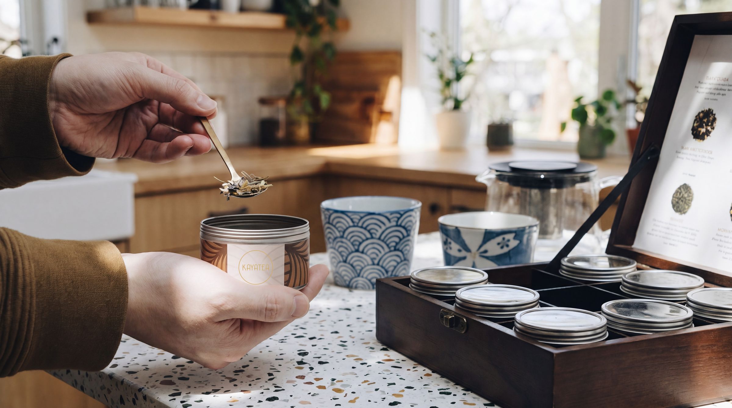 A hand spooning loose leaf tea from a Kayatea tin on a terrazzo counter, beside a wooden tea chest and blue-and-white cups