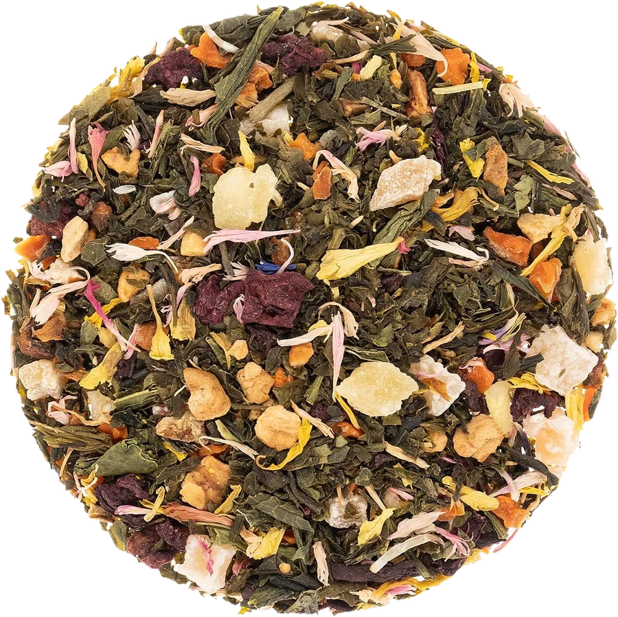 A loose leaf blend of green tea with dried fruit and flower petals