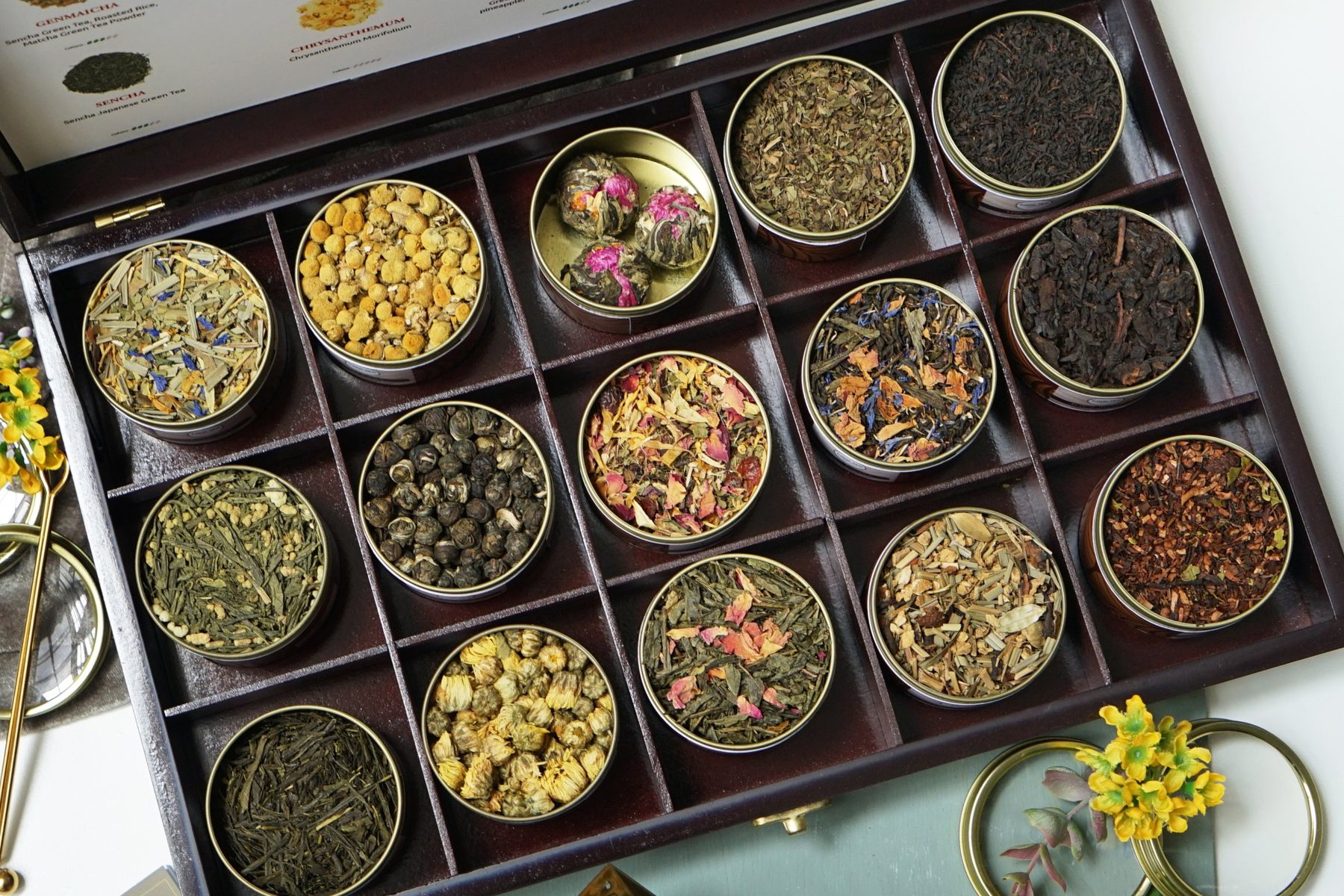 A Wooden Box of fifteen Kayatea teas, from jasmine pearls and blooming tea to chamomile and black tea