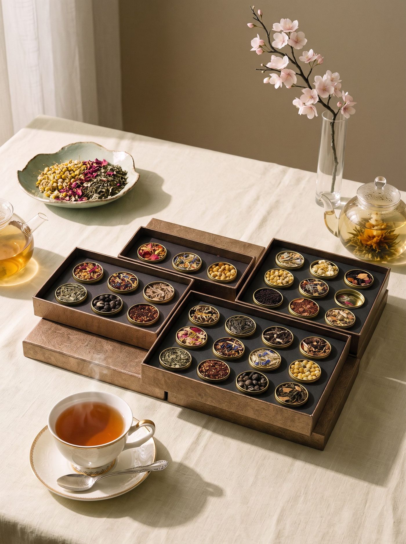 Kayatea Petite Boxes of gold tins on a linen table with a cup of tea and cherry blossom