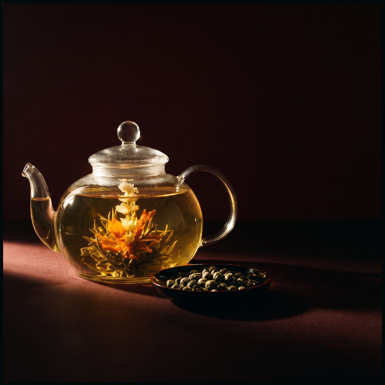 A blooming tea flowering inside a glass teapot on a dark table