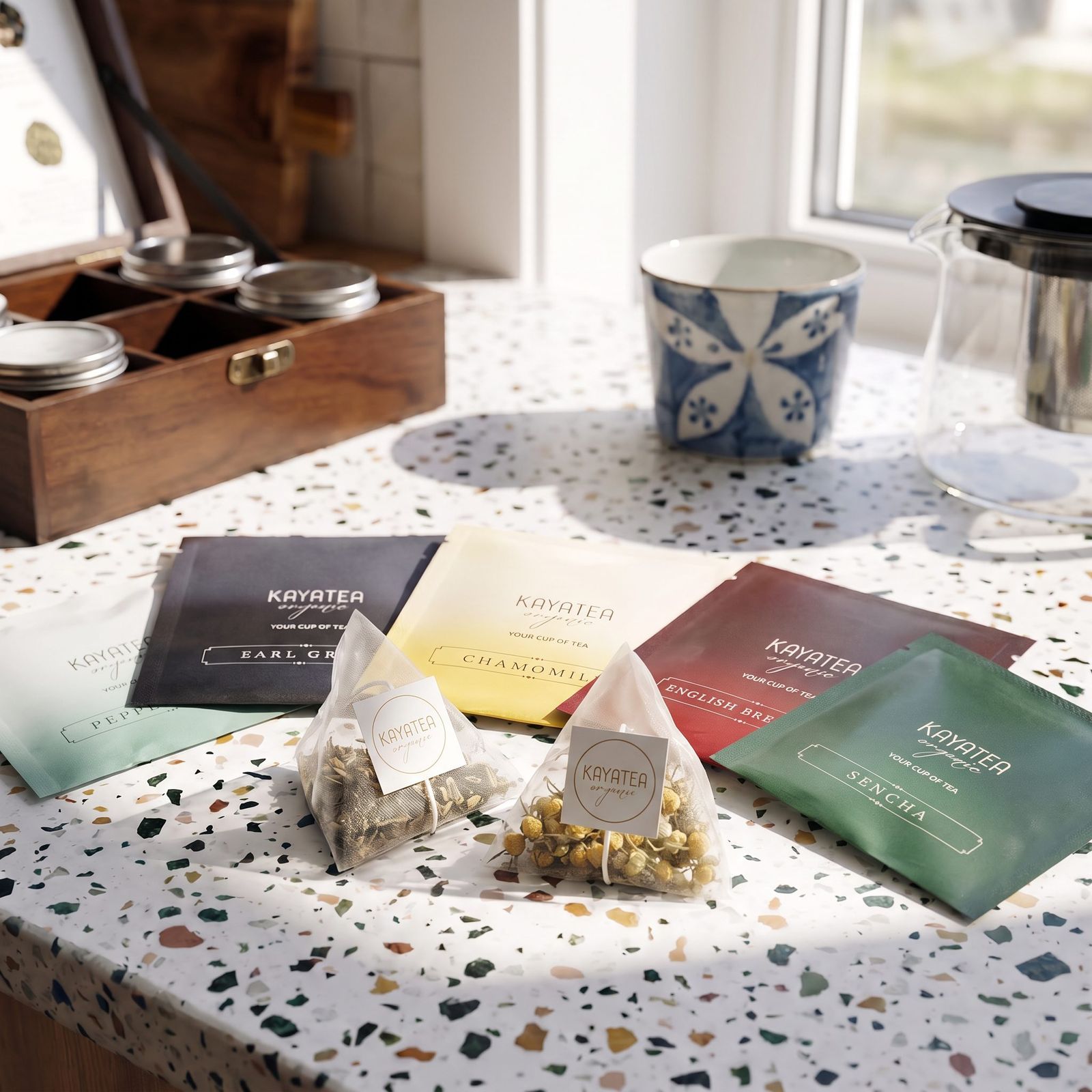 Kayatea tea sachets and a wooden tea chest on a terrazzo counter